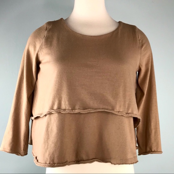 Free People Brown Crop Top Size XS Blouse 3/4 Sleeves Raw Edge Sustainable Boho - Picture 2 of 8